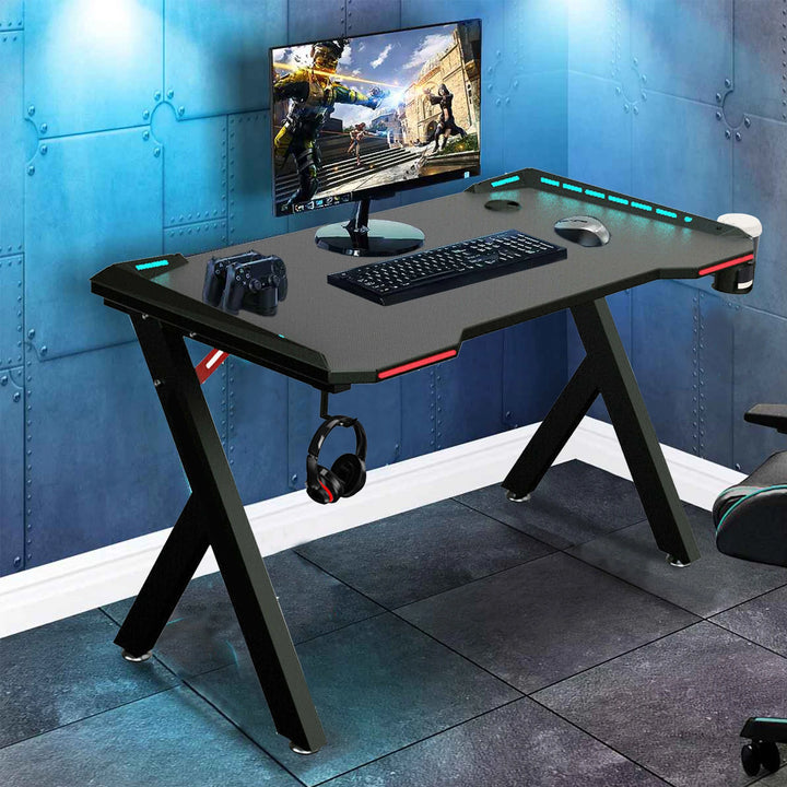 Gaming Desk with USB Ports & LED Lights Gaming Desk PC Computer Gamer Desk with RGB LED Lights, Headphone Hook, Cup Holder | Ergonomic Workstation for Home Offices | Rectangular Shape, Carbon Fiber Design