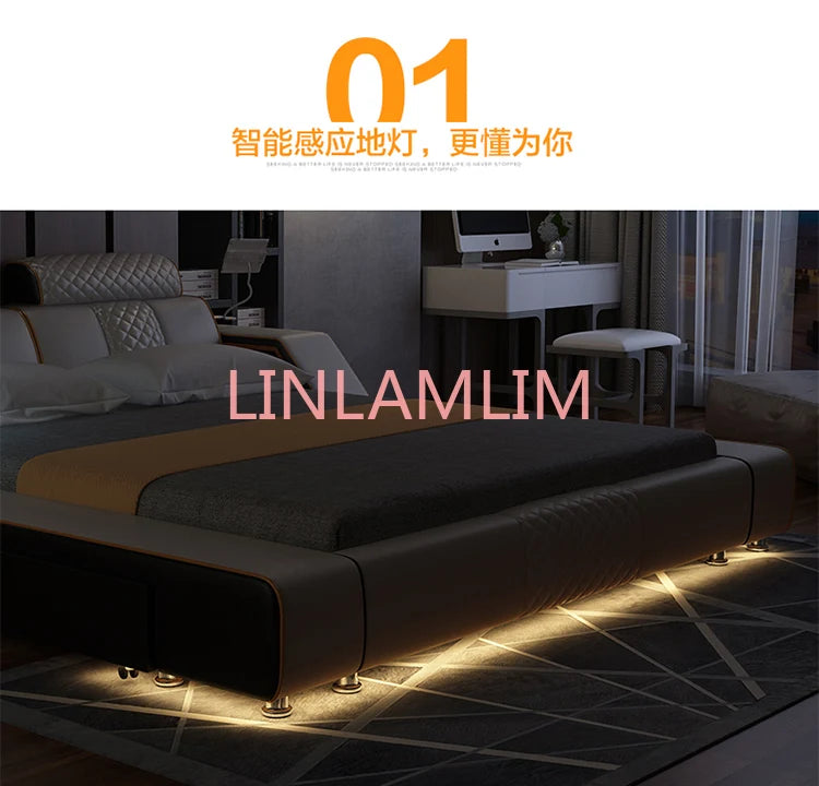 Real Genuine leather bed Soft Beds Bedroom camas lit muebles de dormitorio yatak mobilya quarto desk table light drawer  storage