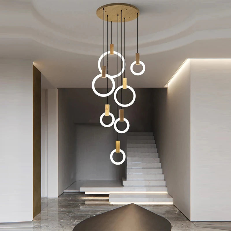 LED Chandelier Lighting Staircase Long Wooden Ring Pendant Lamp for ceiling Dining room fixtures deco hanging Adjustable lights