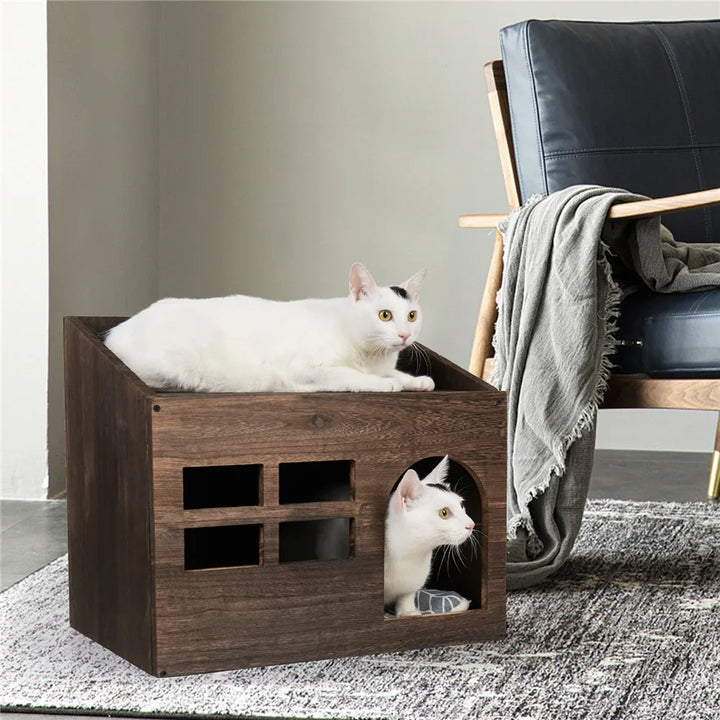 Durable Wooden Cat Cave Bed with Cushioned Pad and Litter Box