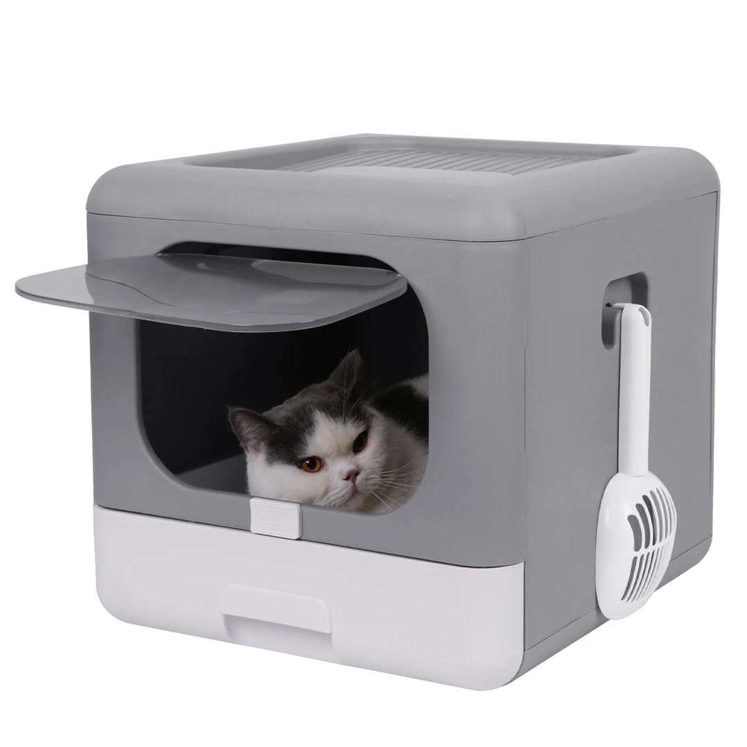 Foldable Top-Entry Cat Litter Box with Scoop and Drawer for Medium to Large Cats