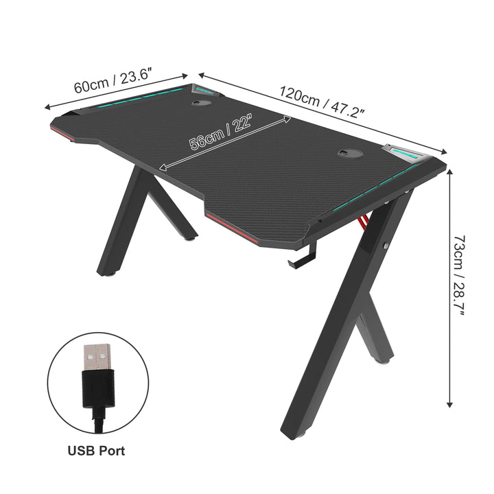 Gaming Desk with USB Ports & LED Lights Gaming Desk PC Computer Gamer Desk with RGB LED Lights, Headphone Hook, Cup Holder | Ergonomic Workstation for Home Offices | Rectangular Shape, Carbon Fiber Design