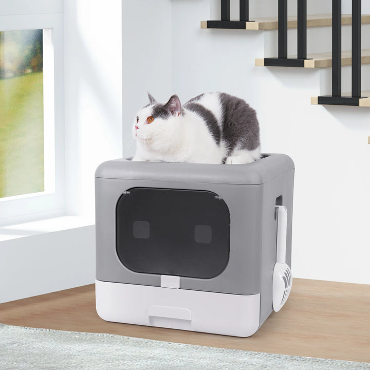 Foldable Top-Entry Cat Litter Box with Scoop and Drawer for Medium to Large Cats