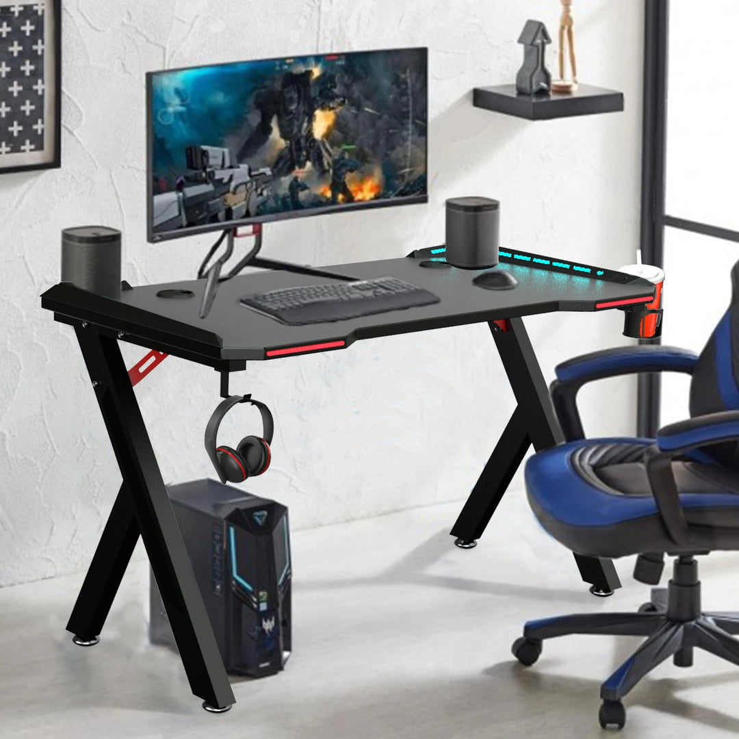 Gaming Desk with USB Ports & LED Lights Gaming Desk PC Computer Gamer Desk with RGB LED Lights, Headphone Hook, Cup Holder | Ergonomic Workstation for Home Offices | Rectangular Shape, Carbon Fiber Design