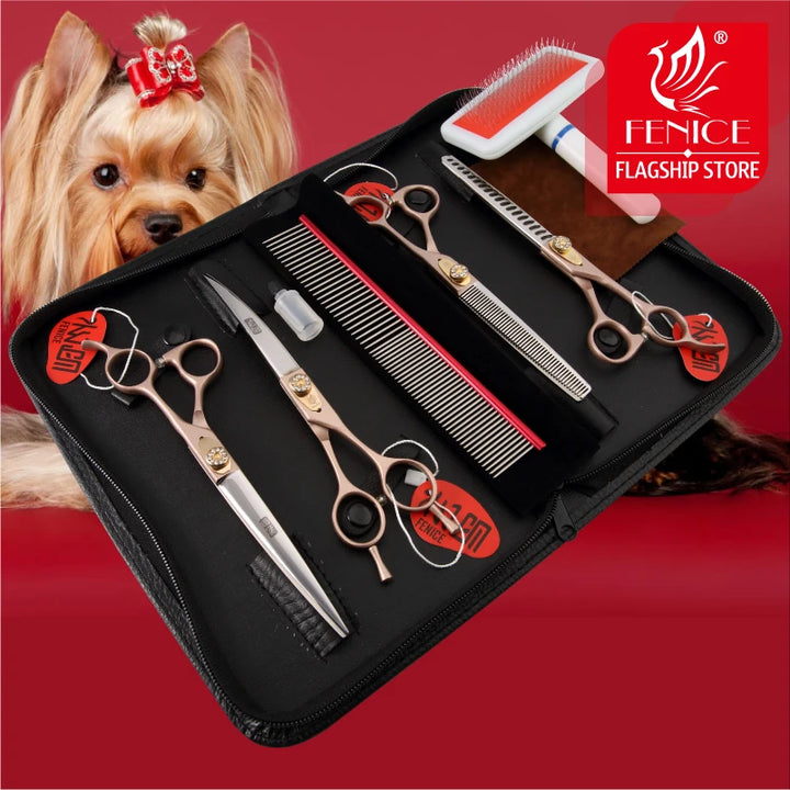 Fenice 7.0/7.5 inch Professional Pet Grooming Scissors SET Thinning Curved Shear Kit Japan 440C Groomer Tool