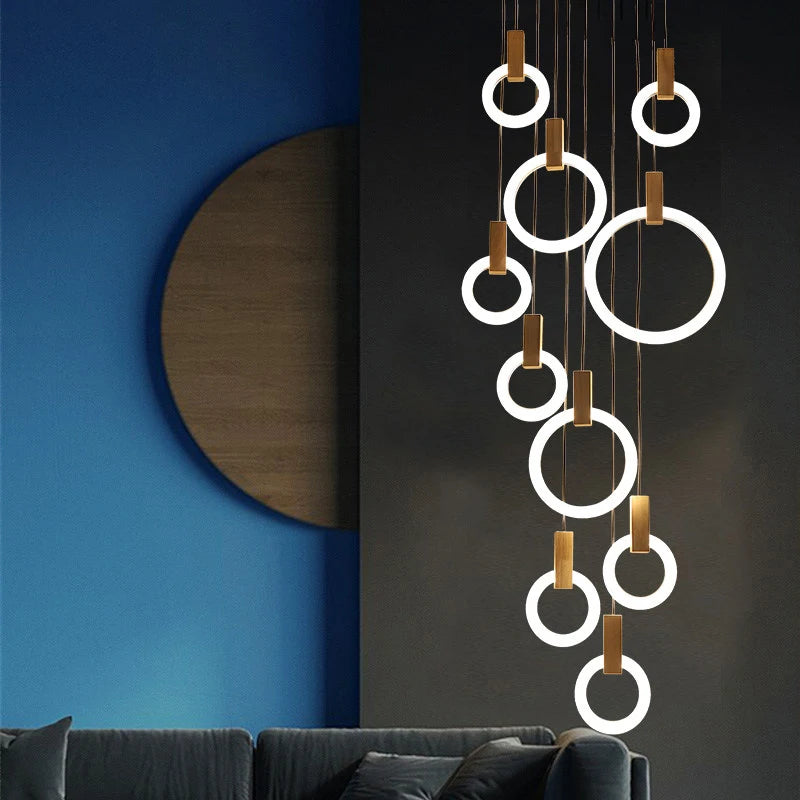 LED Chandelier Lighting Staircase Long Wooden Ring Pendant Lamp for ceiling Dining room fixtures deco hanging Adjustable lights