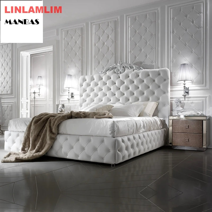 rectangle bed frame camas кровать двуспальная cama Genuine Leather BED سرير lit camara beds solid wooden carved leather buttons