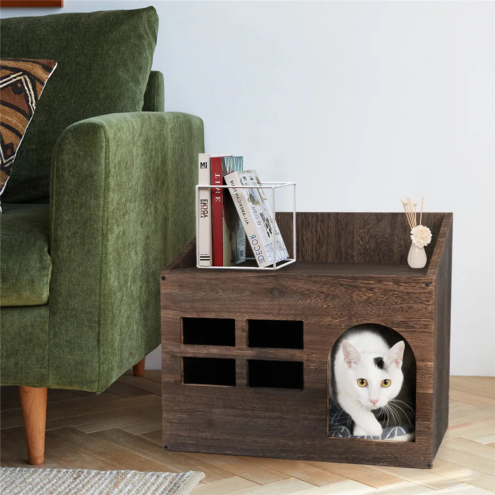 Durable Wooden Cat Cave Bed with Cushioned Pad and Litter Box