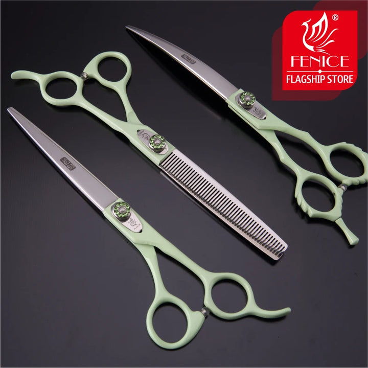 Fenice 7.0/7.5 inch Professional Pet Grooming Scissors SET Thinning Curved Shear Kit Japan 440C Groomer Tool