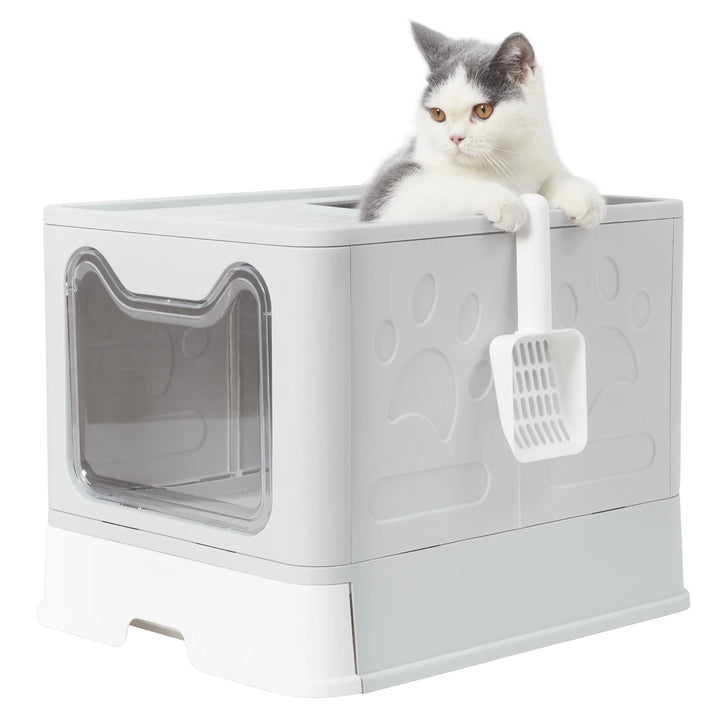 Front-Entry Top-Exit Foldable Cat Litter Box with Lid &  Plastic Scoop for Large Kitty