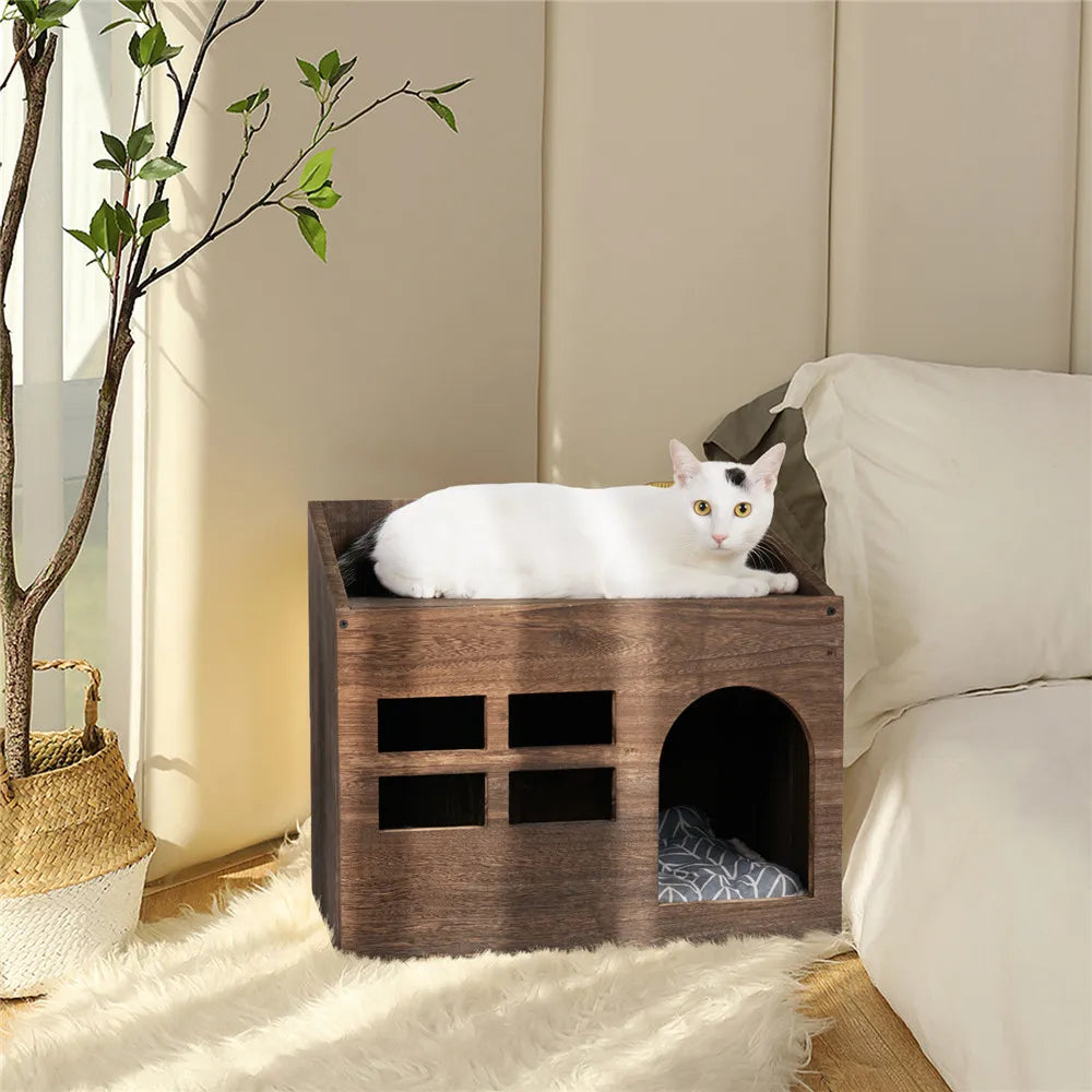 Durable Wooden Cat Cave Bed with Cushioned Pad and Litter Box