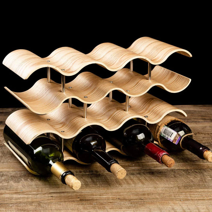 4 Tier Wave Wine Rack Countertop Bamboo Display Shelf 14 Bottle Set Wood Art Design Organizer Perfect for Wine Storage Home Deco