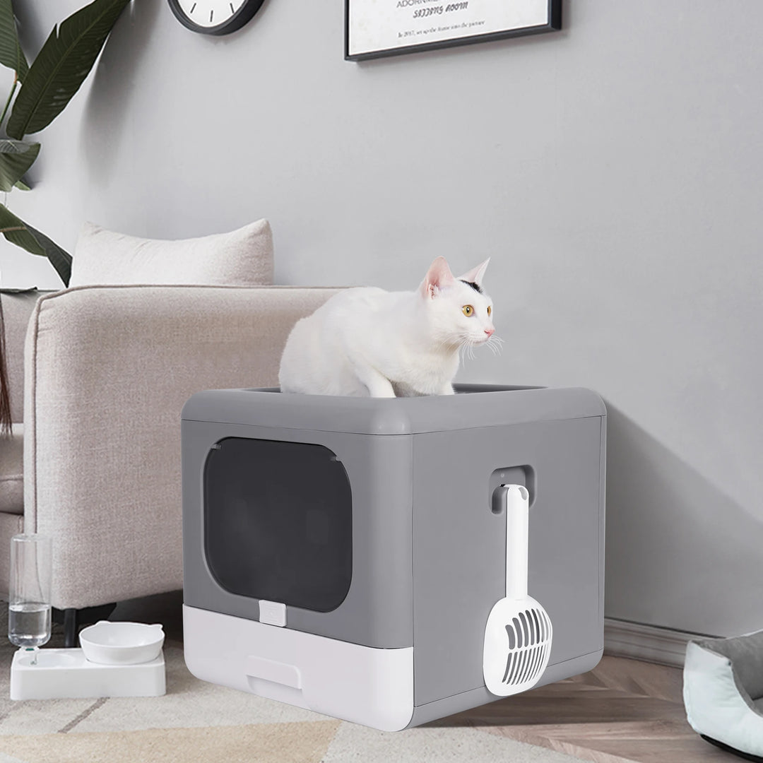 Foldable Top-Entry Cat Litter Box with Scoop and Drawer for Medium to Large Cats