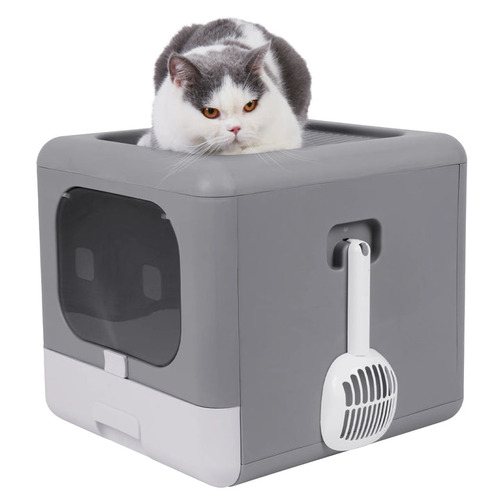 Foldable Top-Entry Cat Litter Box with Scoop and Drawer for Medium to Large Cats