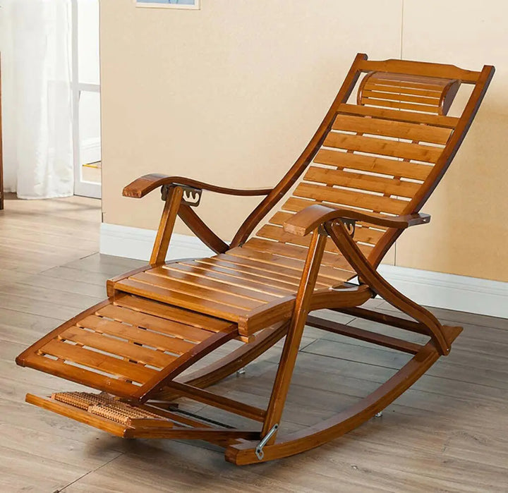 Adjustable Bamboo  Recliner Rocking Lounge Chair -  Heavy Duty