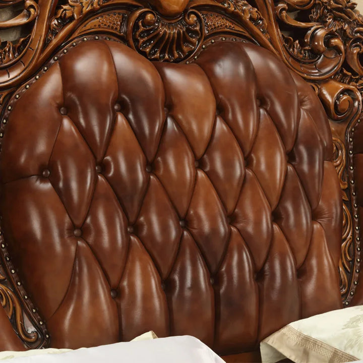 European-style Leather Bed All Solid Wood Carved Bed Large Villa 2m Carved Top Layer Cowhide Bed Wedding Bed Furniture