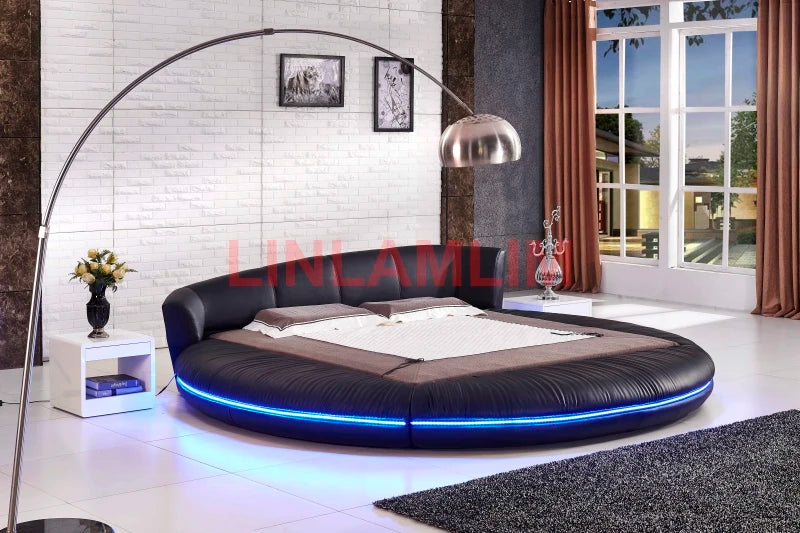 Linlamlim LED light round BED frame camas genuine leather bed кровать двуспальная cama سرير lit 2 personnes cama de casal Nordic