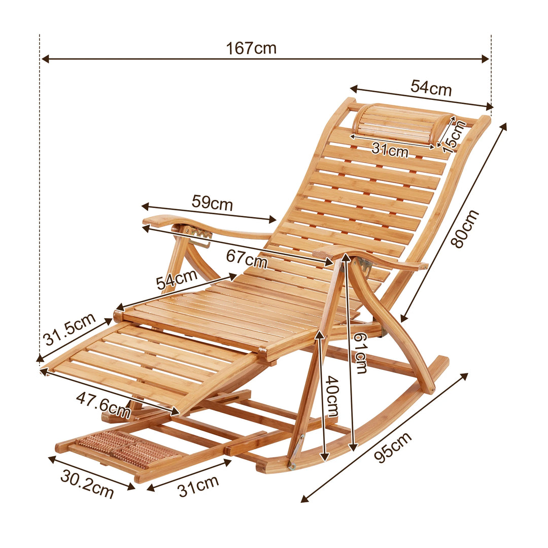 Adjustable Bamboo  Recliner Rocking Lounge Chair -  Heavy Duty