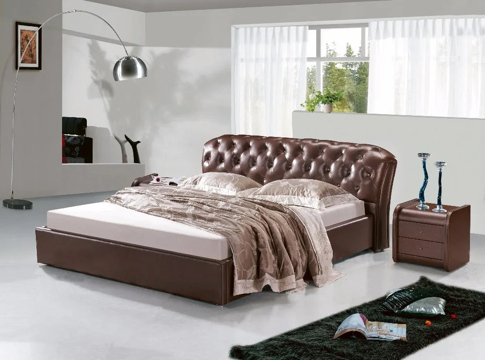 post modern real genuine leather bed / soft bed/double bed king/queen size bedroom home furniture with storage box and sideboard