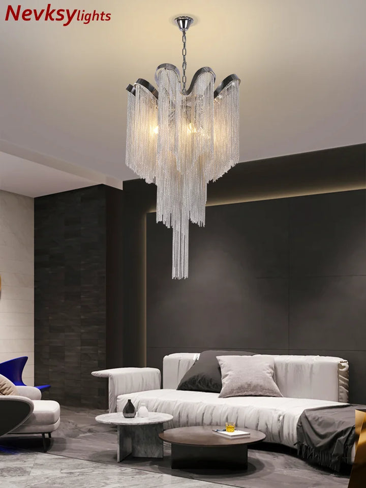 Modern tassel chandelier lighting living room villa dinner party ceiling lamp silver metal fixtures wedding silver chandelier