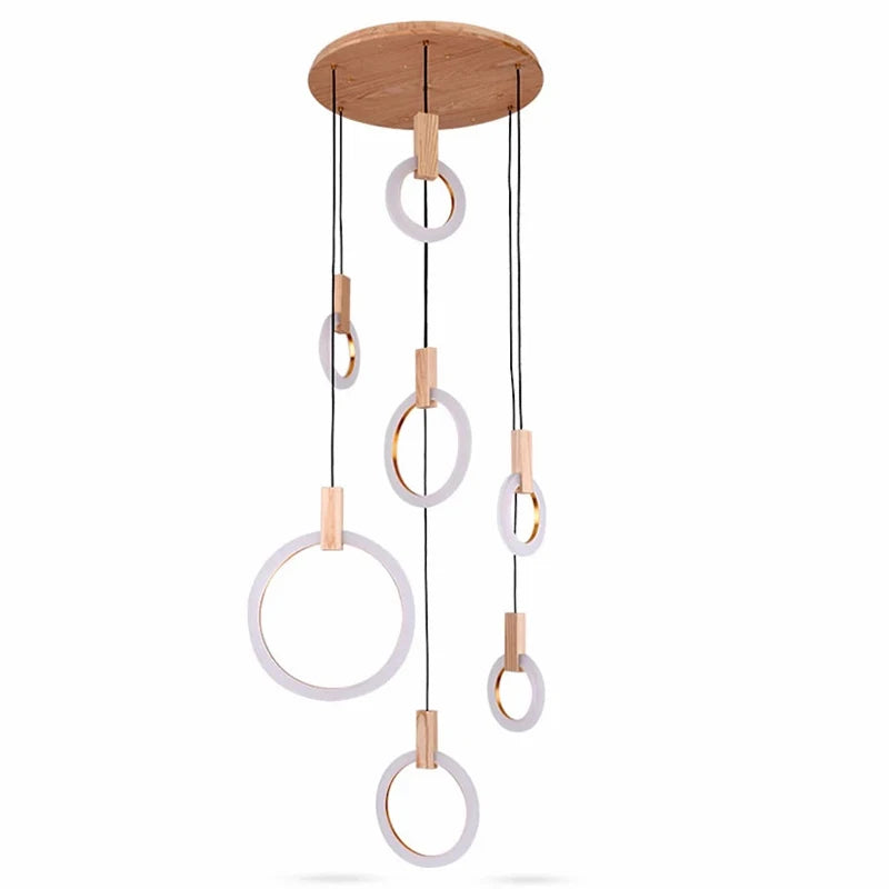 LED Chandelier Lighting Staircase Long Wooden Ring Pendant Lamp for ceiling Dining room fixtures deco hanging Adjustable lights