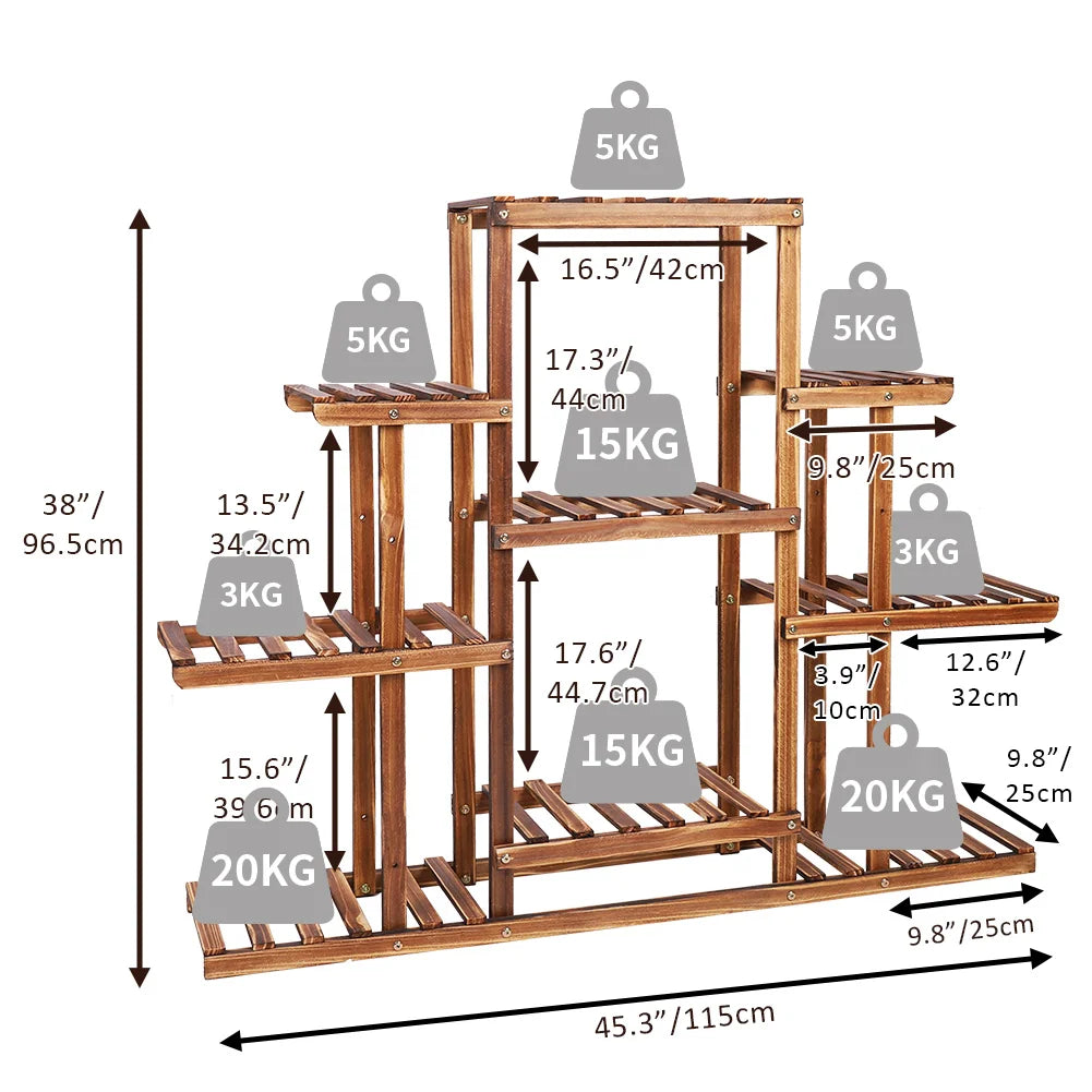 Multi-tiered Plant Stand 9 Tier Carbonized Wood Flower Rack Display Stand Indoor