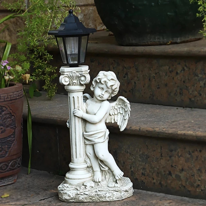 49cm Antique Angel Sculpture Courtyard Furnishings Indoor and Outdoor Solar Street Lamp Garden Landscape Decoration Resin Craft