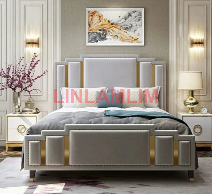 Linlamlim fabric cloth rectangel BED frame camas genuine leather bed кровать двуспальная cama سرير lit 2 personnes cama de casal