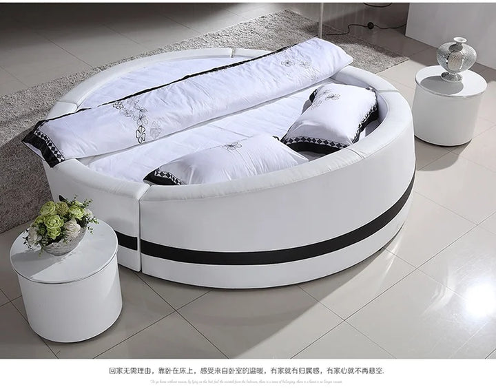 Smart bed frame camas bedroom set furniture кровать двуспальная lit beds سرير  LED light round genuine leather bed + mattress