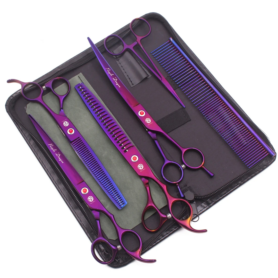 Dog Grooming Scissors Purple Dragon 8" Japan 440C Pet Scissors Kit Thinning Shears Chunker Curved Scissors Dropshipping Z3015