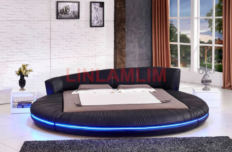 Linlamlim LED light round BED frame camas genuine leather bed кровать двуспальная cama سرير lit 2 personnes cama de casal Nordic