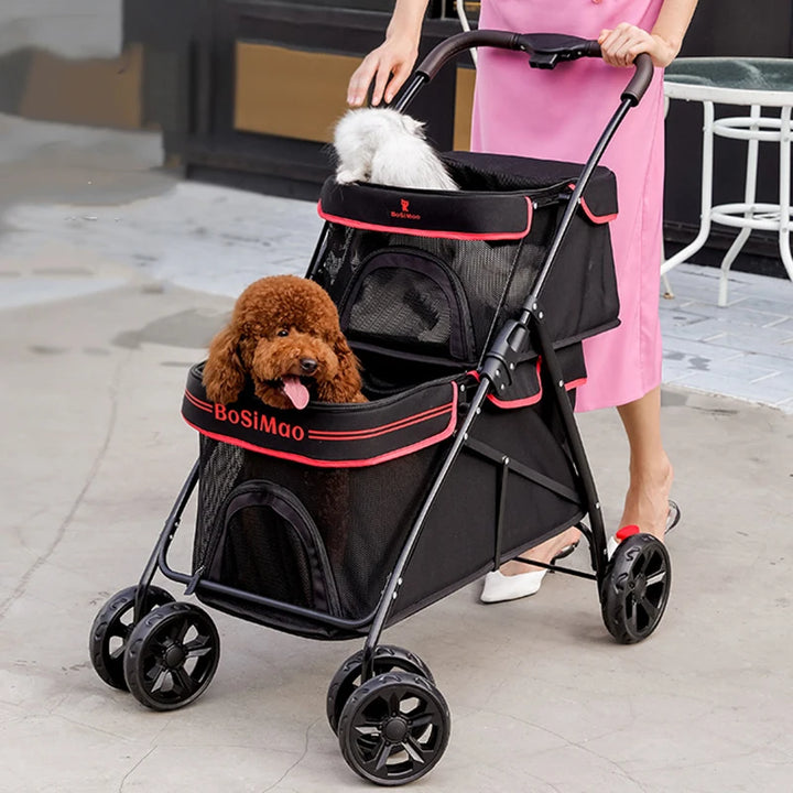 Luxury Pet Cat Stroller Folding Double-layer Newborn Baby Dog Pull Cart Four-wheel Shock Transporter Carrier Travel Bags