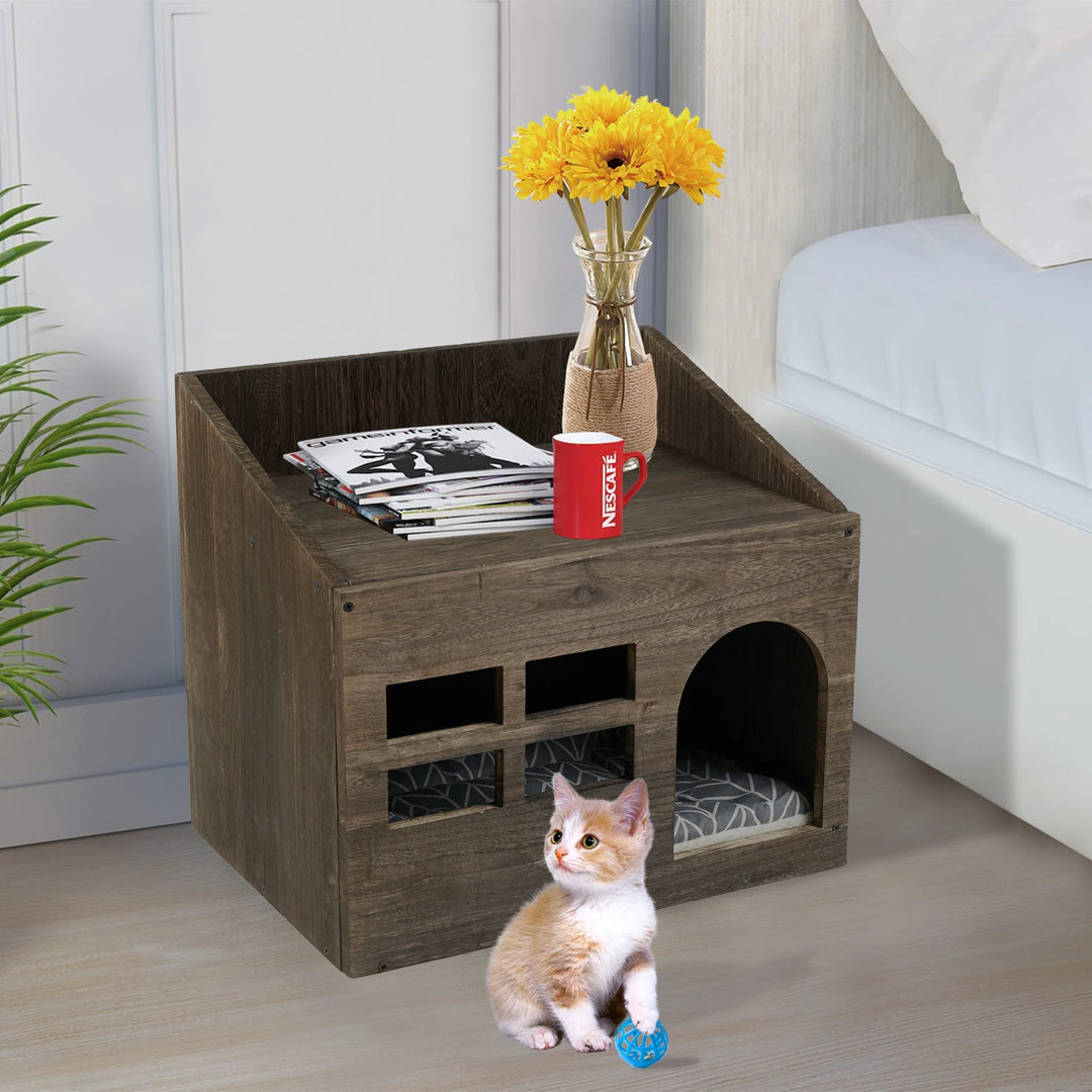 Durable Wooden Cat Cave Bed with Cushioned Pad and Litter Box