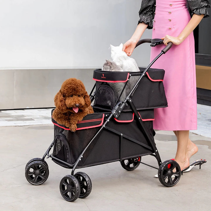 Luxury Pet Cat Stroller Folding Double-layer Newborn Baby Dog Pull Cart Four-wheel Shock Transporter Carrier Travel Bags