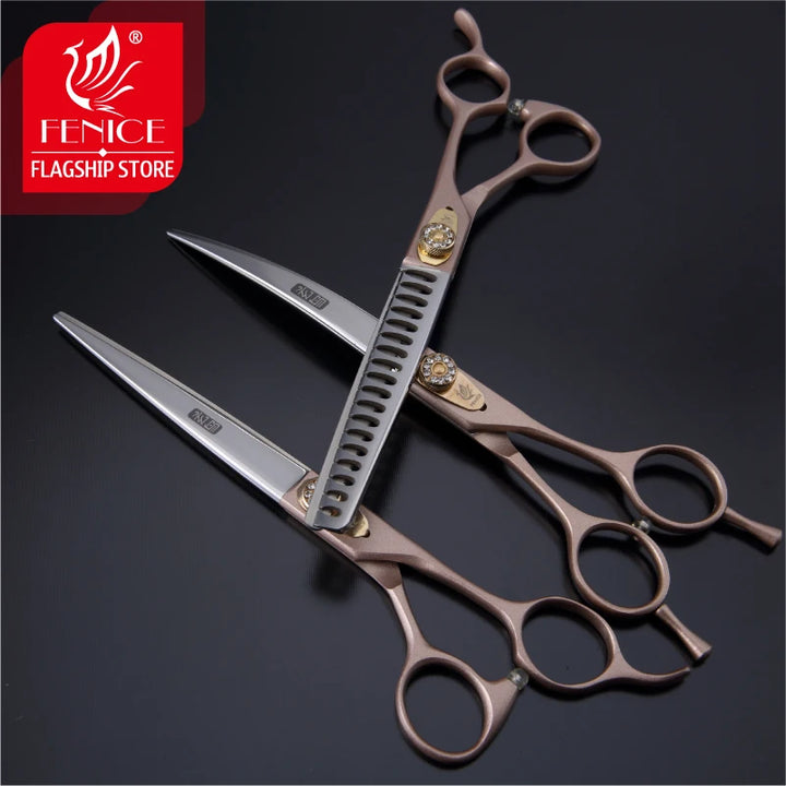 Fenice 7.0/7.5 inch Professional Pet Grooming Scissors SET Thinning Curved Shear Kit Japan 440C Groomer Tool