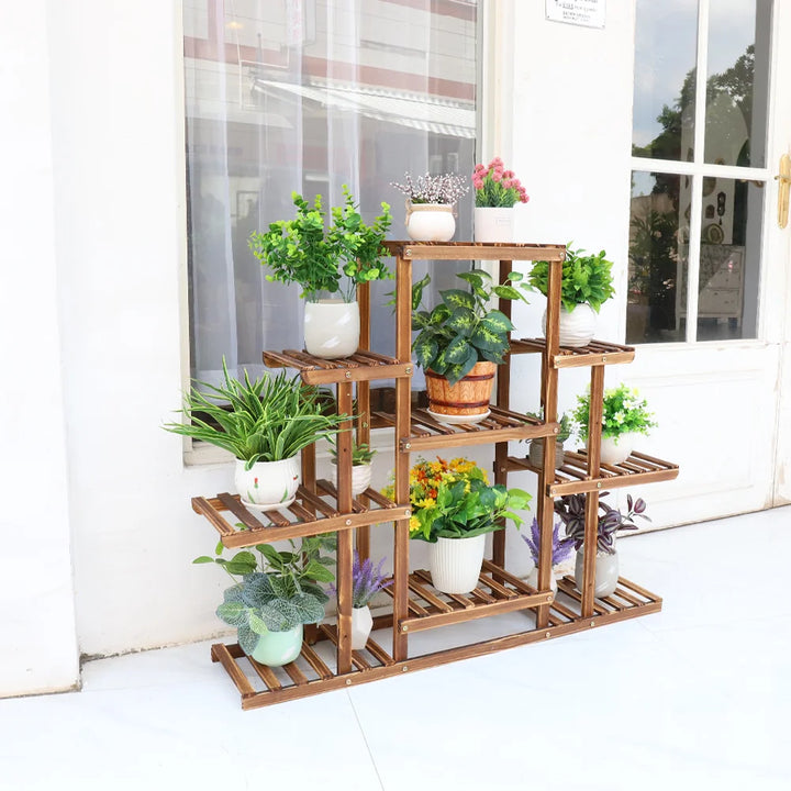 Multi-tiered Plant Stand 9 Tier Carbonized Wood Flower Rack Display Stand Indoor