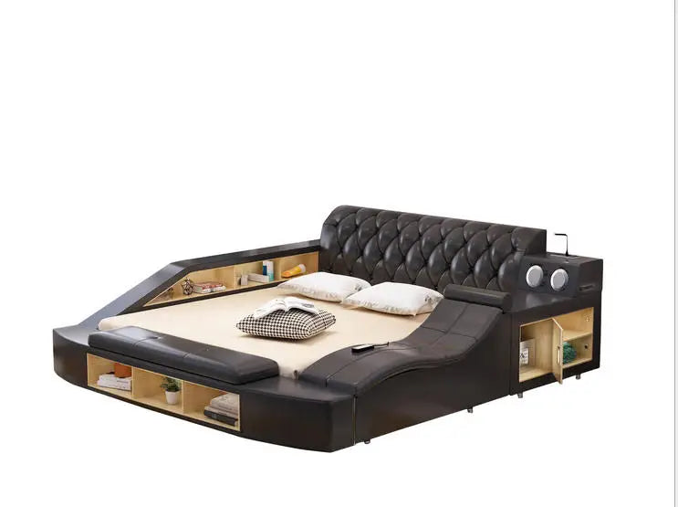 Real Genuine leather bed Soft Beds Bedroom camas muebles de dormitorio yatak mobilya quarto massage speaker bluetooth  storage