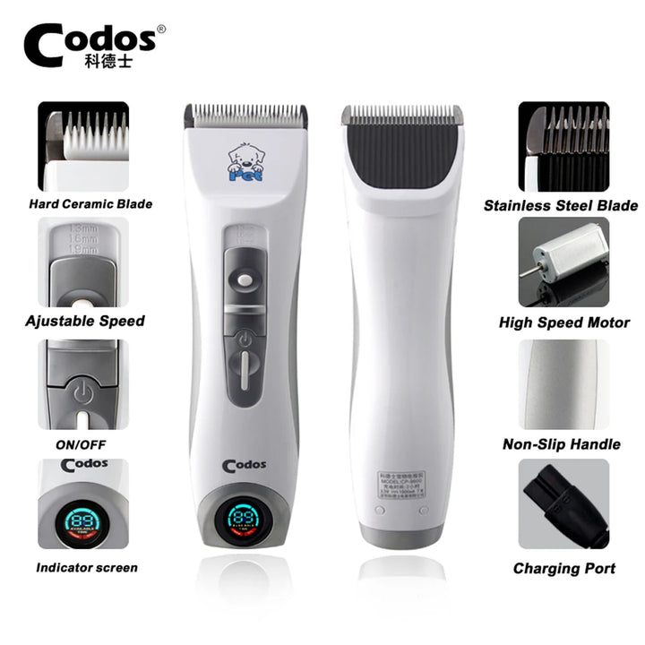 Professional Codos CP9600 Pet Electric Shaver LCD Display Dog Trimmer Grooming Haircut Machine White Rechargeable Dog Clipper