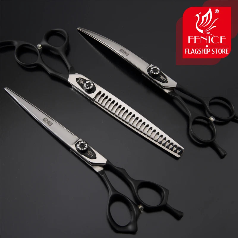 Fenice 7.0/7.5 inch Professional Pet Grooming Scissors SET Thinning Curved Shear Kit Japan 440C Groomer Tool