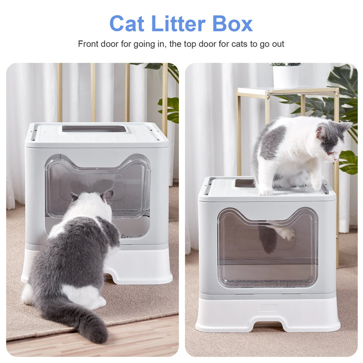 Front-Entry Top-Exit Foldable Cat Litter Box with Lid &  Plastic Scoop for Large Kitty