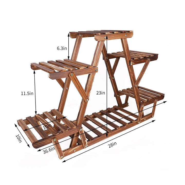 6 Tiered Wood Plant Stand Indoor Outdoor Carbonized Triangle Corner Plant Rack