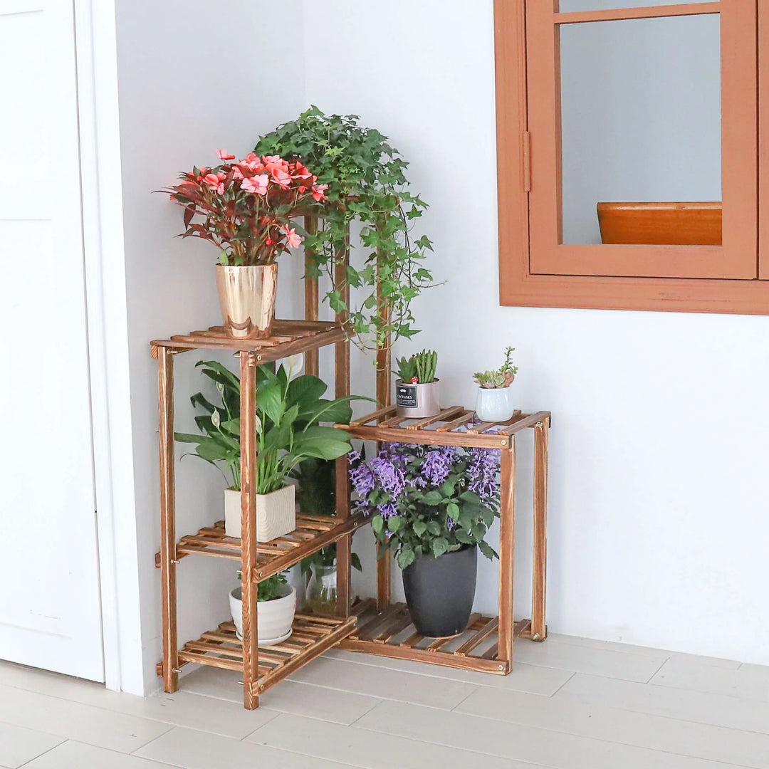 Plant Corner Stand 6 Tier Wood Shelf Indoor Outdoor Garden Patio Displaying Shelves Rack for Flowers Succulents Planter Pots