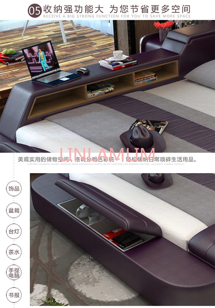 Genuine leather bed frame Soft Beds massager storage safe speaker LED light Bedroom cama muebles de dormitorio / camas quarto