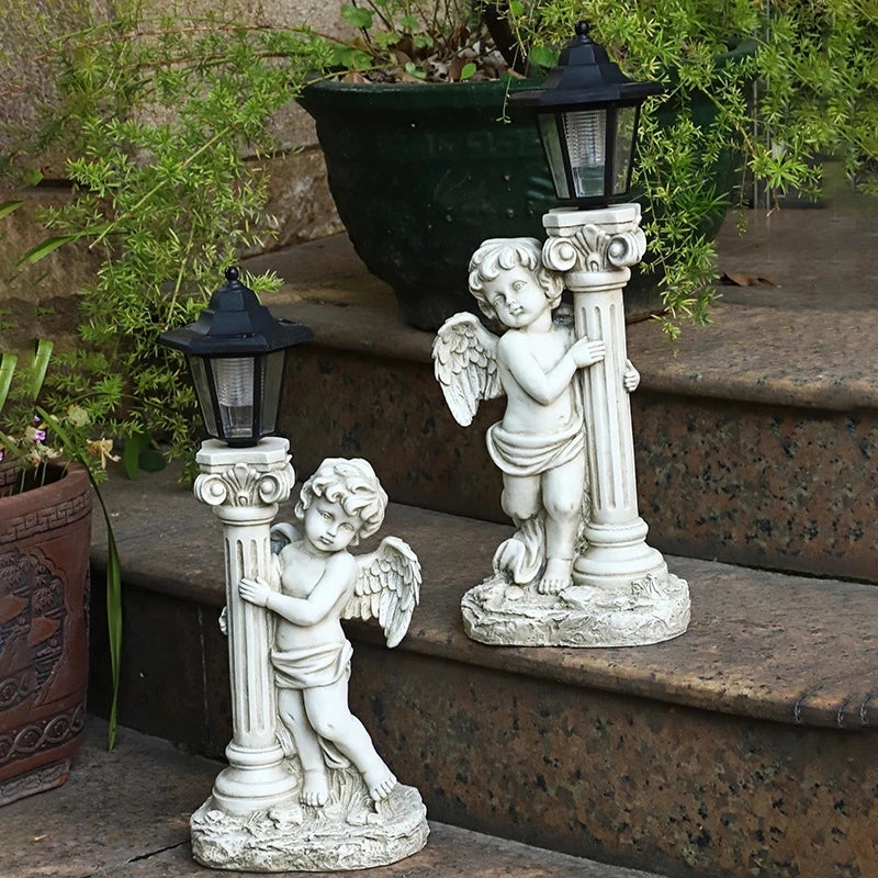 49cm Antique Angel Sculpture Courtyard Furnishings Indoor and Outdoor Solar Street Lamp Garden Landscape Decoration Resin Craft