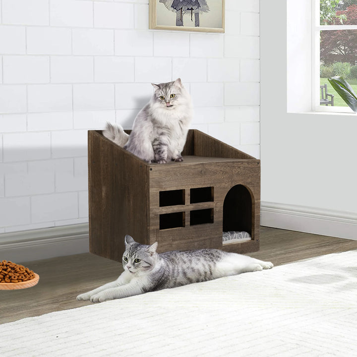 Durable Wooden Cat Cave Bed with Cushioned Pad and Litter Box