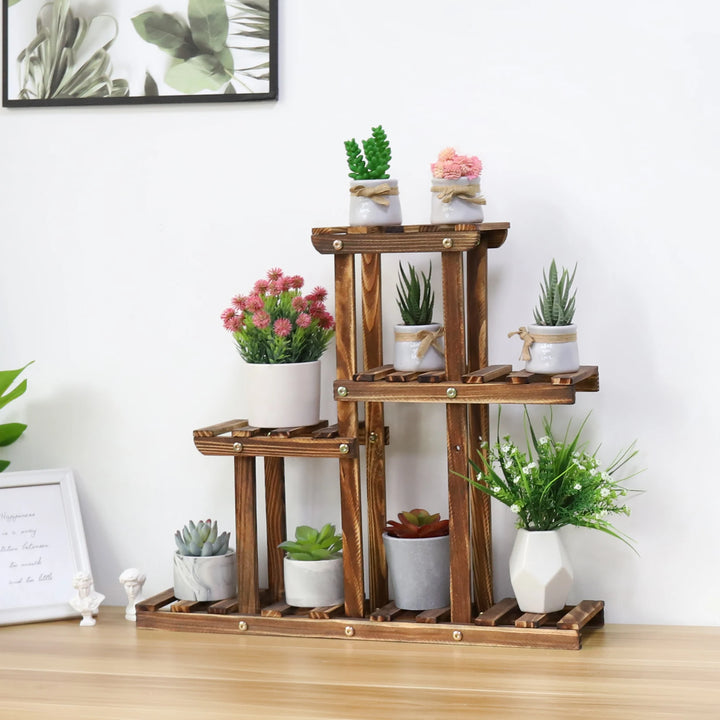 Carbonized Wood Plant Stand Multi Tier Succulent Rack Mini Desktop Plant Holder for Outdoor Balcony Garden