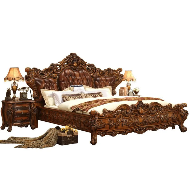 European-style Leather Bed All Solid Wood Carved Bed Large Villa 2m Carved Top Layer Cowhide Bed Wedding Bed Furniture