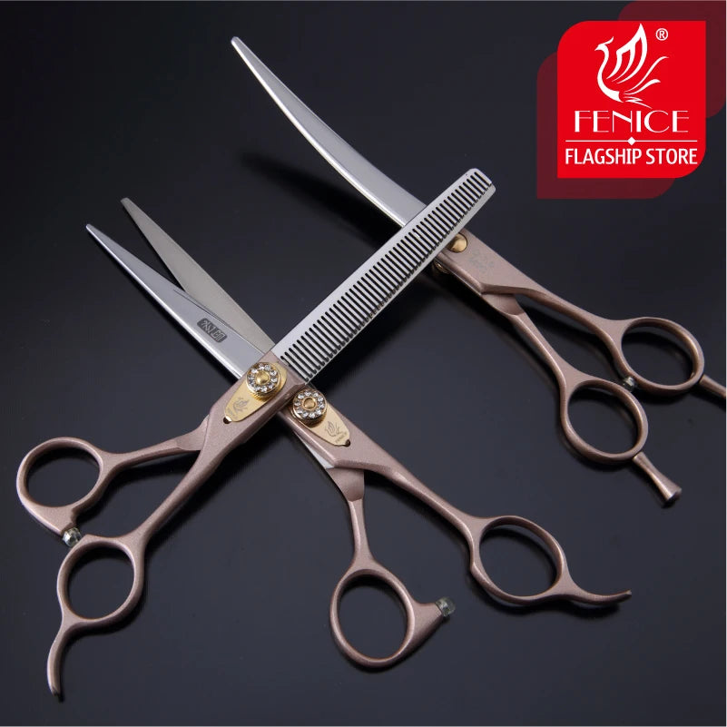 Fenice 7.0/7.5 inch Professional Pet Grooming Scissors SET Thinning Curved Shear Kit Japan 440C Groomer Tool