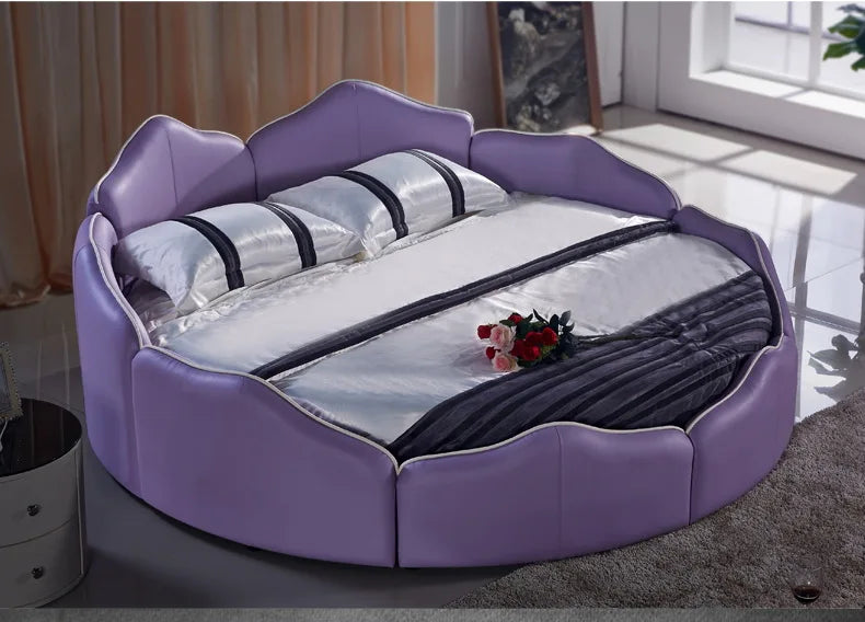 Real Genuine cow leather bed Soft Beds Bedroom camas lit round bed muebles de dormitorio yatak mobilya quarto unique designer