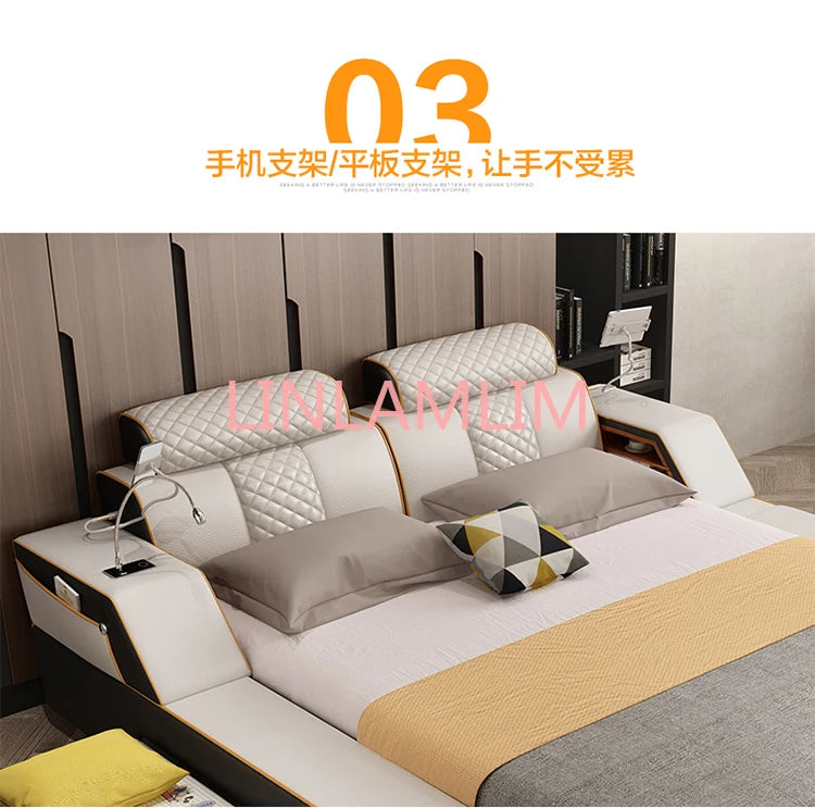 Real Genuine leather bed Soft Beds Bedroom camas lit muebles de dormitorio yatak mobilya quarto desk table light drawer  storage